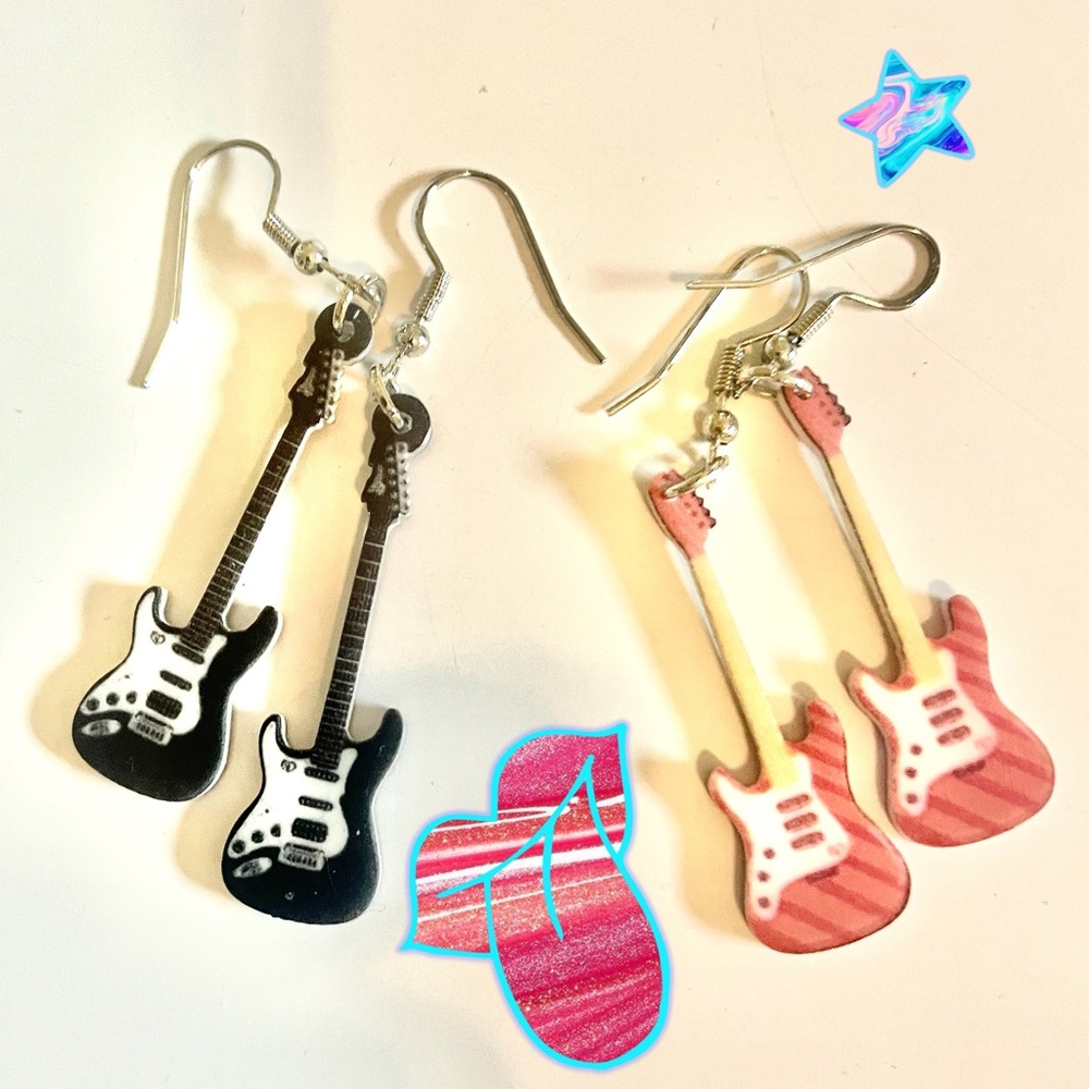 2 Pairs-Electric Guitar Earrings! Red & Black! Great for Gifts!